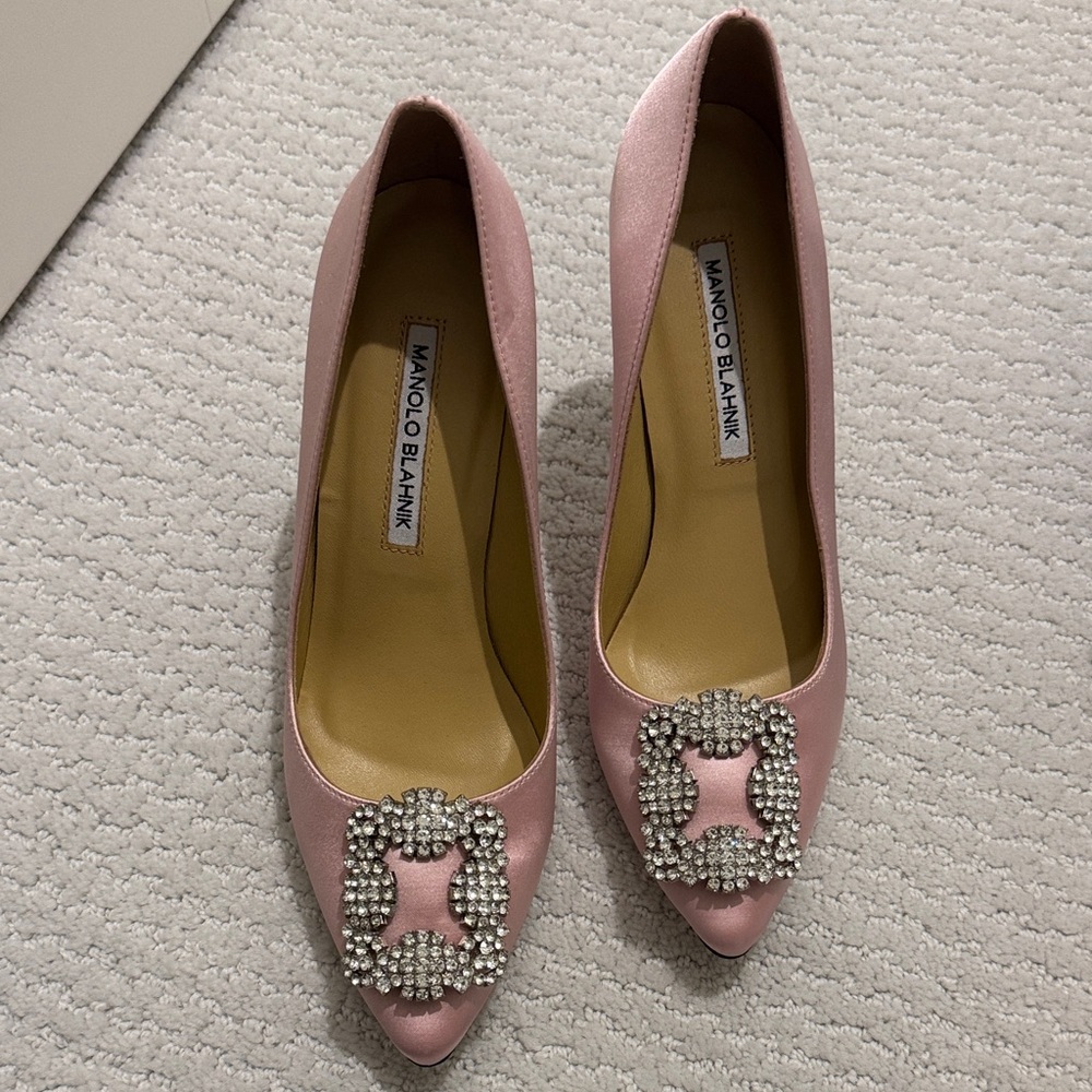 Manolo Blahnik Blush Pink Satin Pointed Pumps with Crystal Buckles